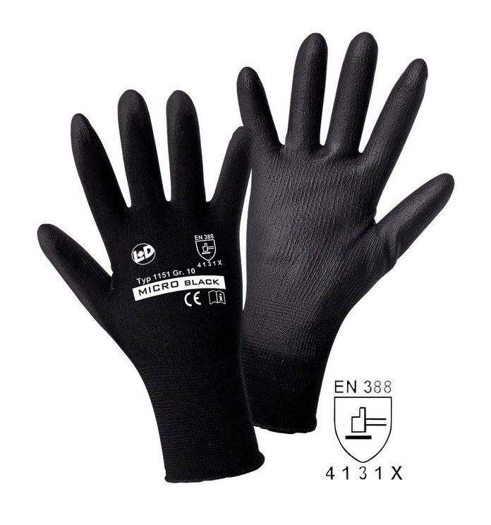 MICRO black Feinstrickhandschuh aus Nylon mit sw PU-Beschichtung, EN 388 Cat. II Größe 8 - 11