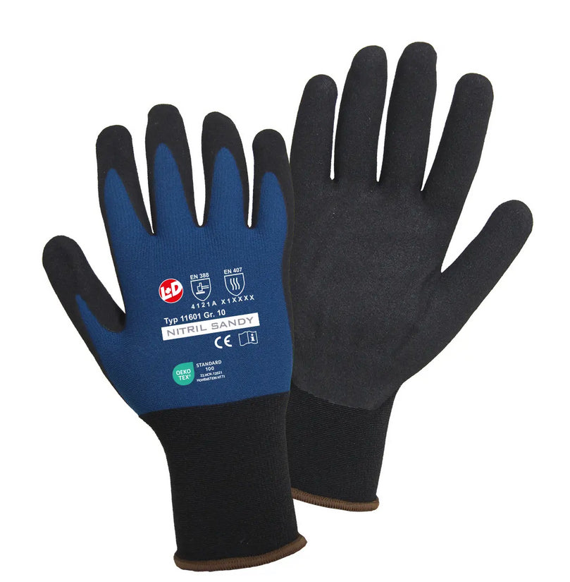 NITRIL SANDY Feinstrickhandschuhe. petrol Nylon/Elast, schw. gesand. Nitrilbeschichtung, EN 388:2016, EN 407 CAT II Größe 7 - 11