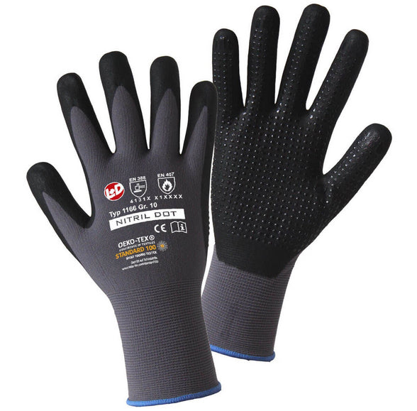 NITRIL DOT Feinstrickhandschuh grau Nylon/Elasthangem. geschäumte Nitril+Noppen Bes, EN388:2016, EN 407:2020 CAT II Größe 8 - 10
