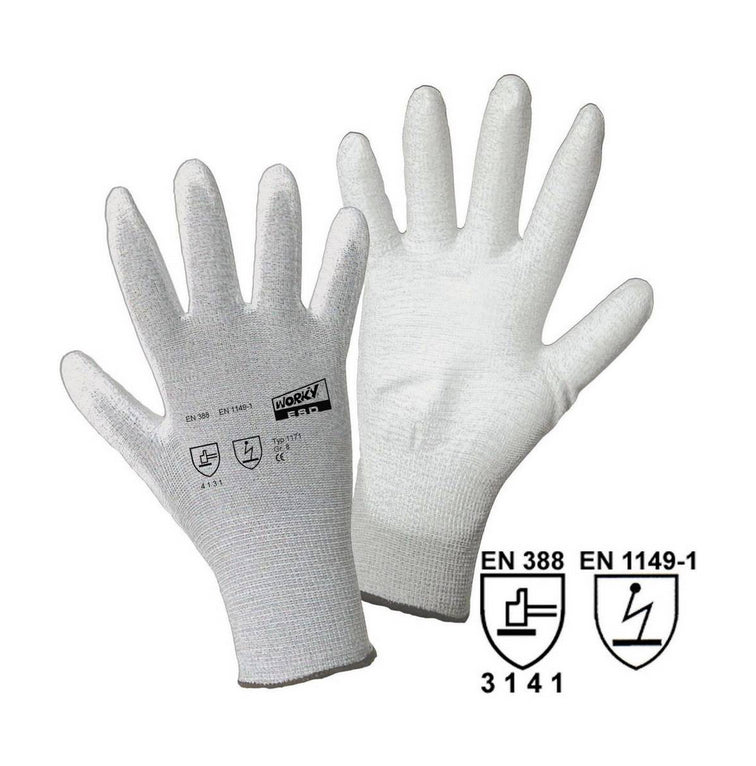 ESD PALM Nylon/Carbon-PU Feinstrickhandschuh, weiße PU- Besch. in der Innenhand, EN 388, EN 16350 CAT II Größe 7 - 11