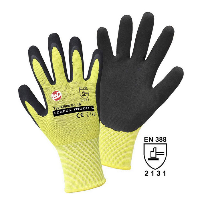 SCREEN TOUCH L Feinstrickhandschuh aus Nylon, gelb sw gesch. Latexbesch. mit Touch Funktion, EN388:2016 Cat.II Größe 7 - 11