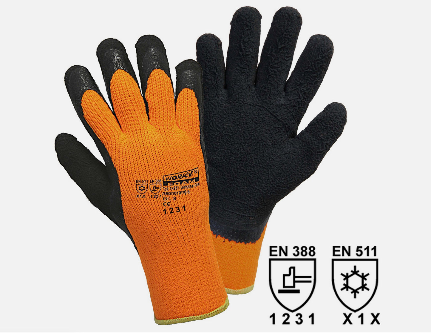 GLETSCHER-GRIP Winterstrickhandsch. leuchtorange,gesch. Latexbesch., weiches Innenfutter,SB Label,EN 388+EN511+EN407 Größe 8 - 11