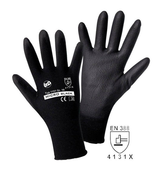 MICRO black Feinstrickhandschuh aus Nylon mit sw PU-Beschichtung, EN 388 Cat. II Größe 8 - 11