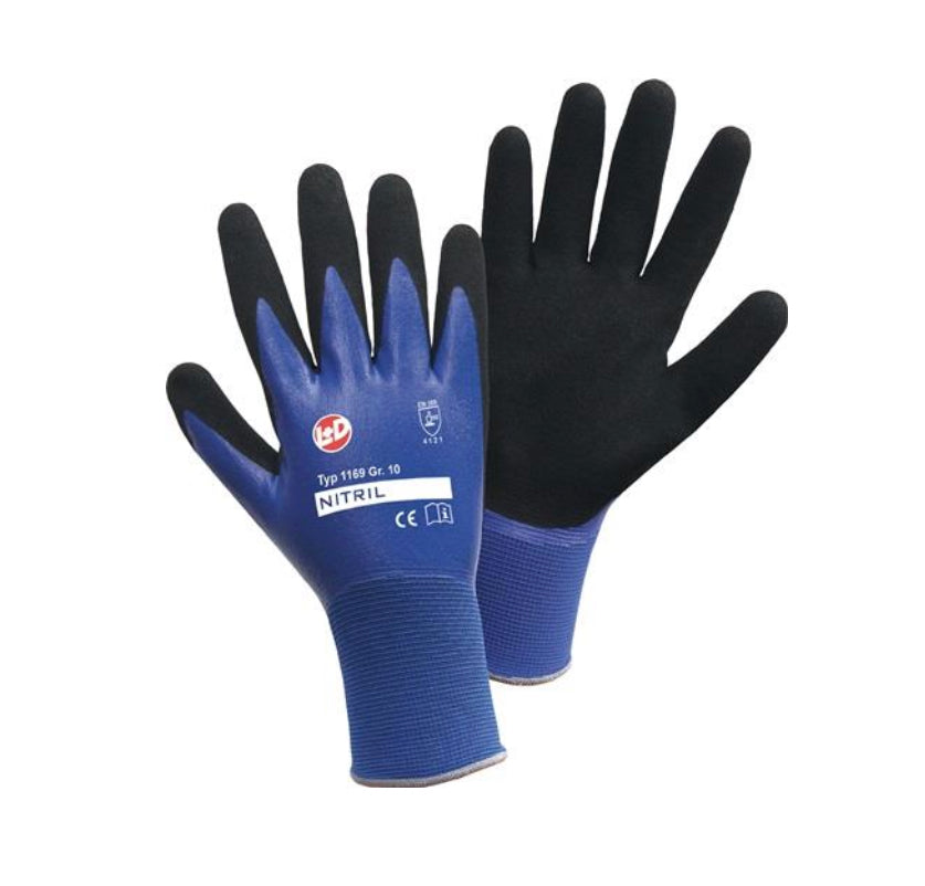 NITRIL AQUA Nylonhandschuh, doppelt Nitril beschichtet 1.kompl.blau getaucht2.gesandete Palmbesch,EN388:2016 CAT II Größe 7 - 11