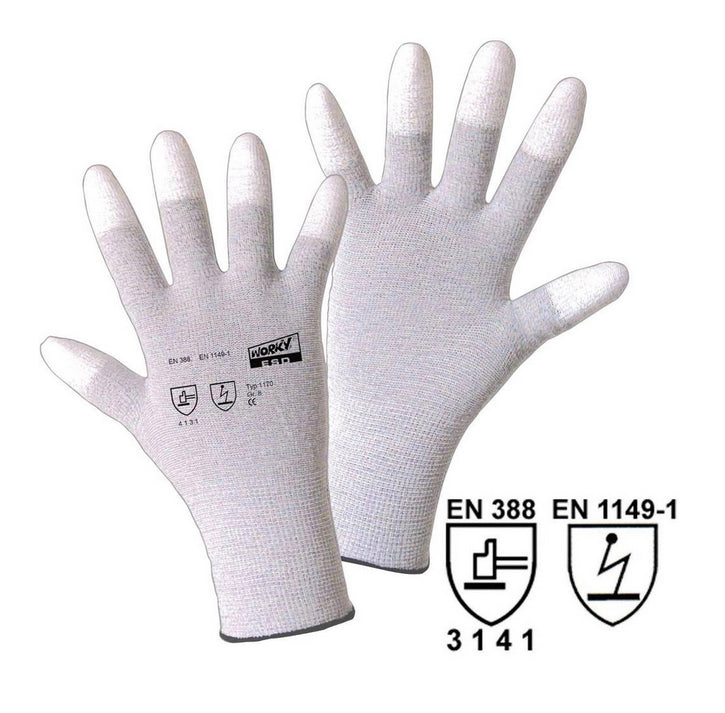 ESD TIP Nylon/Carbon-PU Feinstrickhandschuh, weiße PU- Besch. an den Fingerspitzen, EN 388, EN 16350 CAT II Größe: 7  - 11