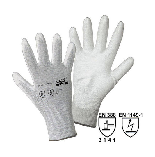 ESD PALM Nylon/Carbon-PU Feinstrickhandschuh, weiße PU- Besch. in der Innenhand, EN 388, EN 16350 CAT II Größe 7 - 11