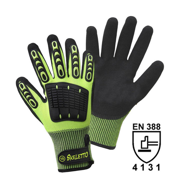 SKELETTO Feinstrickhandschuh Polyester, gelb, sw.doppelte gesand.u.gesch. Nitrilbesch.TPR Verstärk.,EN 388 CAT II Größe 9 - 11