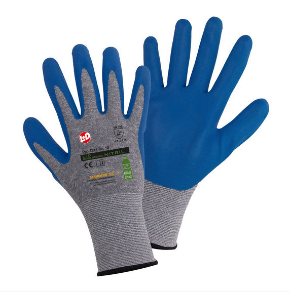 L+D goes green: Nitril, Feinstrickhands. grau meliert. RPET/ Poly., blaue, gesch. Nitrilbeschichtung,EN 388 Cat. II Größe 9 - 11