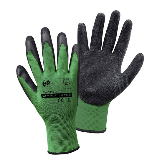 SIMPLY LATEX Feinstrickhandschuh grün mit gecrinkelter Latex-Beschichtung, 100 % Polyester, EN 388 CAT II Größe 7 - 12