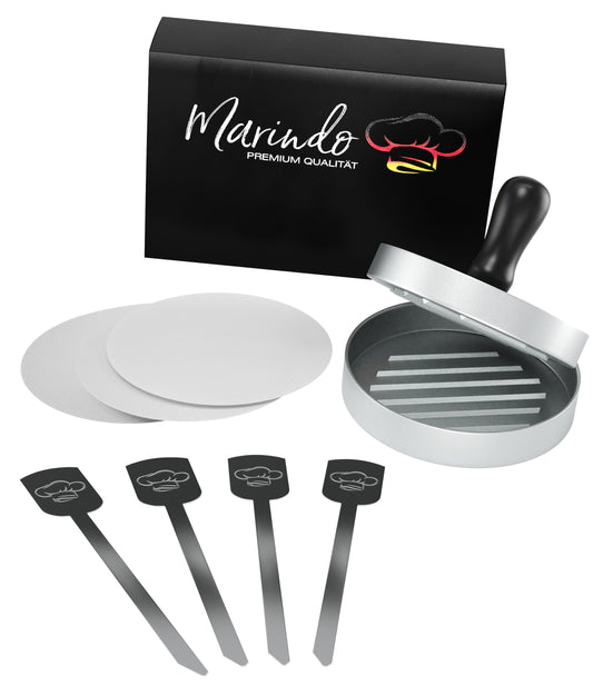 Burgerpresse Set ( 4 Spieße, 60x Papier, 1 Burgerpresse)